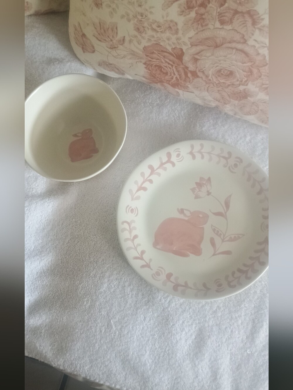 Set Of Bunny Decorative Bowl And Salad Plate - Blush Pink & White